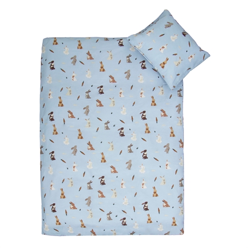 Junior sengetøy 100x140 cm - Blått sengesett med kaniner - 100% mykt bomulls sengetøy