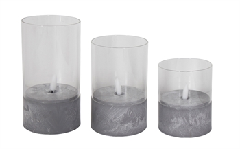 Led stearinlys - 3 stk. i Sylinderglass - Bunn med sementlook - 3D flammer --Ikke synlige sider-- , Pynteting