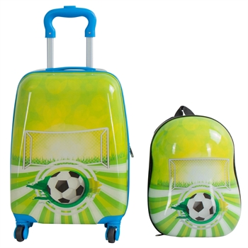 Barnekoffert - Håndbagasjekoffert med hjul og ryggsekk - Grønn koffert med fotballmotiv - Reisesett for barn med Gris