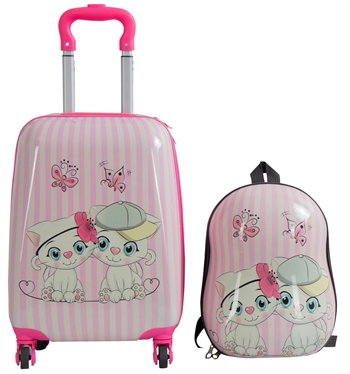 Barnekoffert - Kabinkoffert på hjul med ryggsekk - Rosa koffert med katter - Reisesett for barn