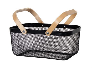 Trådkurv - Sort trådkurv med trehåndtak - 40x25x18 cm - Trendy oppbevaringsløsning til hjemmet