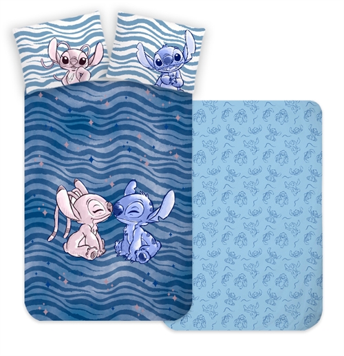 Blå junior sengetøy 100x140 cm - Vendbart sengesett med Stitch og Angel - 100% bomulls sengetøy