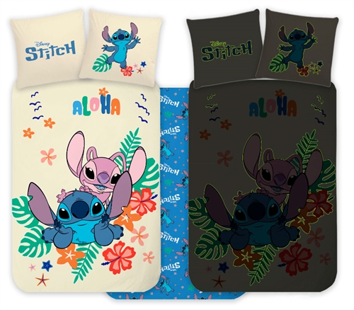 Stitch og Angel sengetøy - 100% myk bomull - Vendbart selvlysende juniorsengesett - 100x140 cm sengetøy