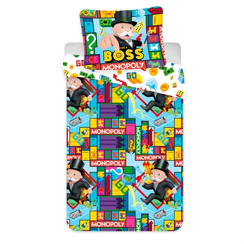 Barnesengetøy - 140x200 cm - Monopoly sengetøysett - Vendbart dynetrekk i 100% bomull