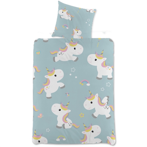 Enhjørning sengetøy - 100x140 cm - Unicorn og regnbue junior sengetøy - 2 i 1 design - Sengesett i 100% bomull