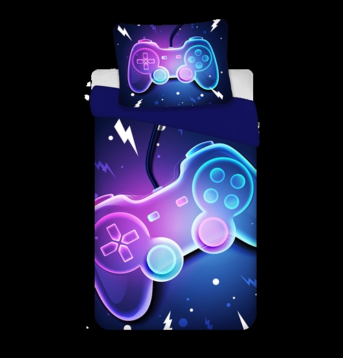 Gamer sengetøy 140x200 cm - Blått vendbart sengesett med kontroller - 100% mykt bomulls sengetøy