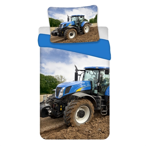 Traktor sengetøy - 140x200 cm - Sengetøysett med blå traktor - Vendbart design med blå bakside - 100% bomull barne sengetøy