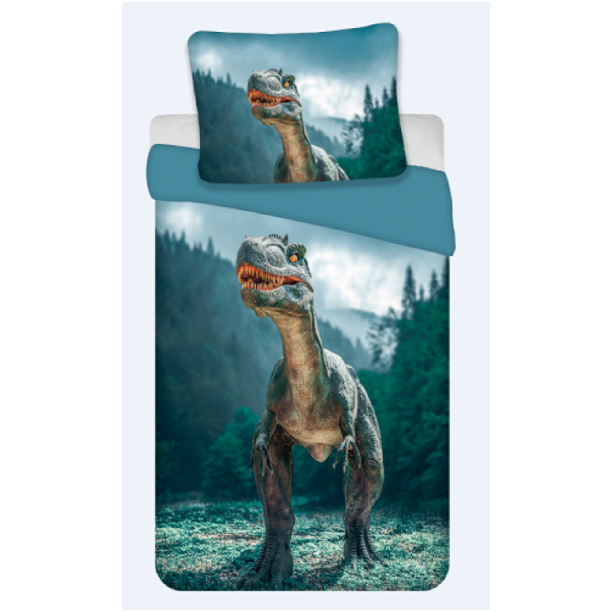 Dinosaur sengetøy – 140×200 cm – Barneseng med raptor – Vendbart dynetrekk – Dino sengesett i 100% myk bomull