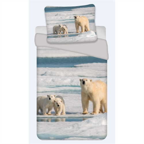 Sengetøy 140x200 cm - Barner sengetøy med motiv av isbjørnfamilie - Vendbart dynebetræk - 100% bomulls sengesett