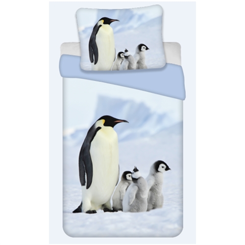 Pingvin sengetøy - 140x200 cm - Barner sengetøy med motiv av pingvinfamilie på isen - Vendbart - 100% bomulls sengesett