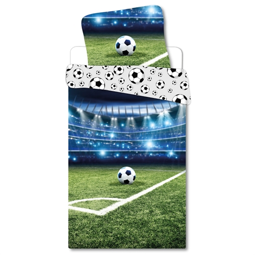 Fotball sengetøy - 140x200 cm - Stadion og fotballmotiv - Dynetrekk med vendbart design - 100% bomulls sengesett