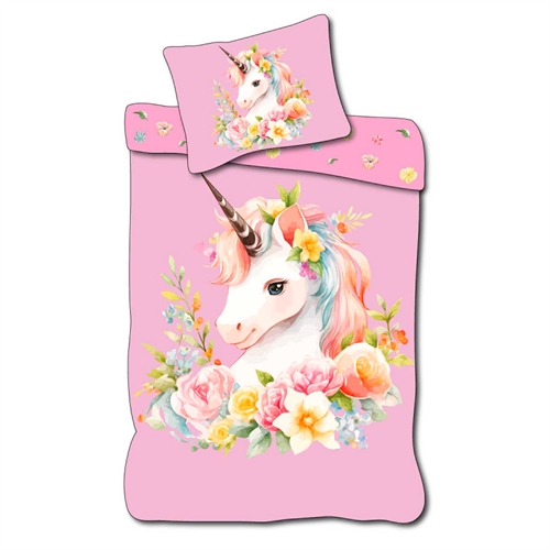 Enhjørning sengetøy 140x200 cm - Vendbart sengesett med fin enhjørning og vakre blomster - 100% mykt bomulls sengetøy