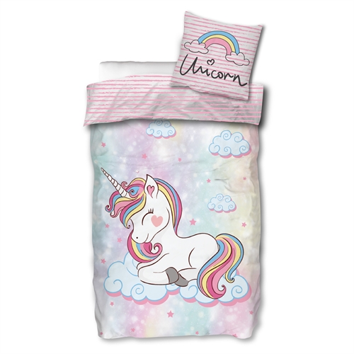 Sengetøy med enhjørningsmotiv - 150x210 cm - Sovende enhjørning på skyer - 100% bomulls sengetøy