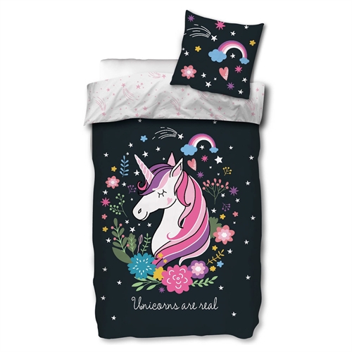 Unicorn sengetøy 100x140 cm - Sengetøy med enhjørning - 2 i 1 design - Glow in the dark sengetøy - 100% bomull