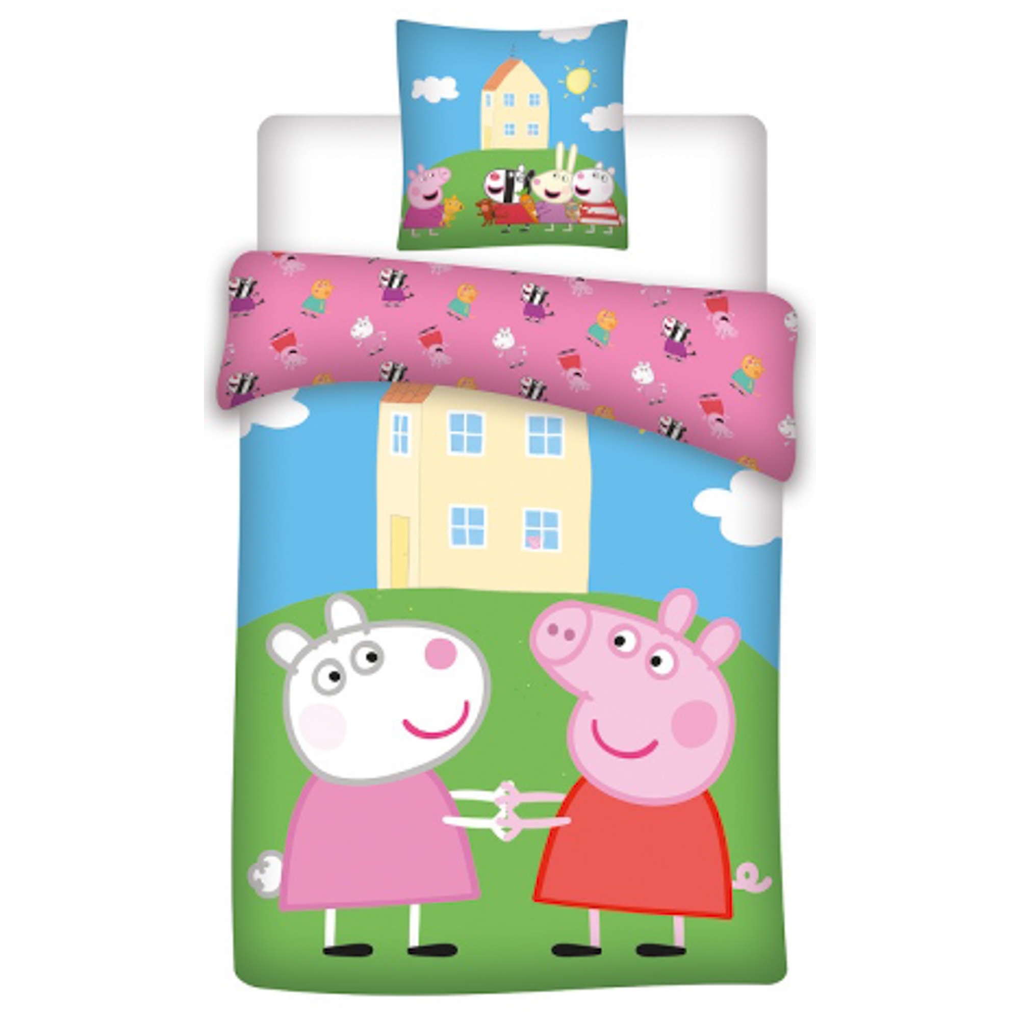 Gurli Gris Sengetøy - 140x200 cm - Gurli Gris og Frida Får sengesett - 2 i 1 design - 100% bomull