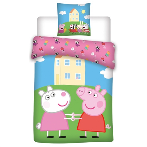 Gurli Gris Sengetøy - 140x200 cm - Gurli Gris og Frida Får sengesett - 2 i 1 design - 100% bomull