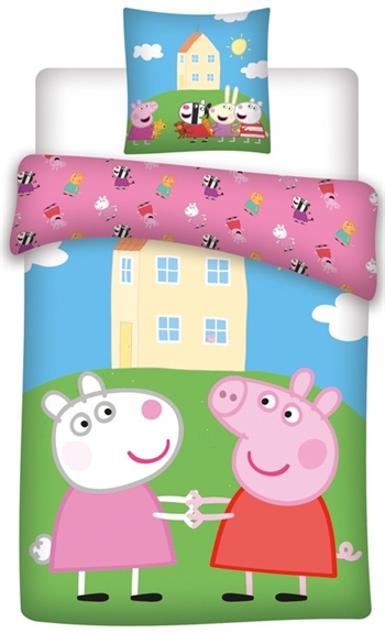 Gurli gris sengetøy - 100x140 cm - Gurli gris og frida sau - 2 i 1 design - 100% bomull