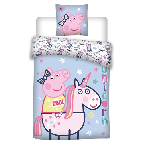 Gurli Gris sengetøy - 140x200 cm - Gurli Gris på enhjørning sengesett - 2 i 1 design - Sengelinned i 100% bomull