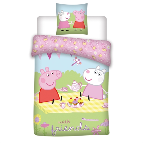 Gurli Gris sengetøy 140x200 cm - Gurli Gris og Frida på picnic sengesett - Vendbart design - 100% bomull