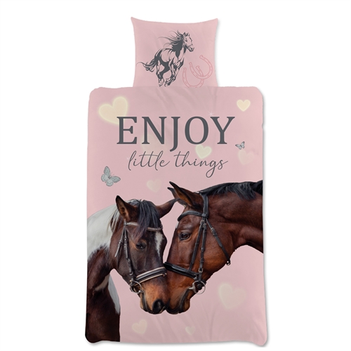 Hestes sengetøy 140x200 cm - Motiv av to hester - Vendbart sengesett - 100% bomull