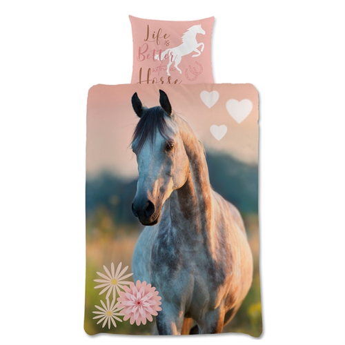 Hestesengetøy 140x200 cm - Flott romantisk hest - 100% bomulls sengesett