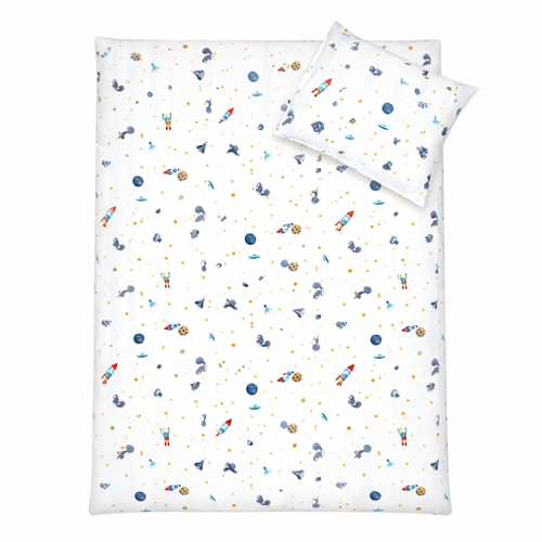 Baby sengetøy 70x100 cm - Hvitt stripet sengesett med dinosaurer og romraketter - 100% mykt bomulls sengetøy av flanell