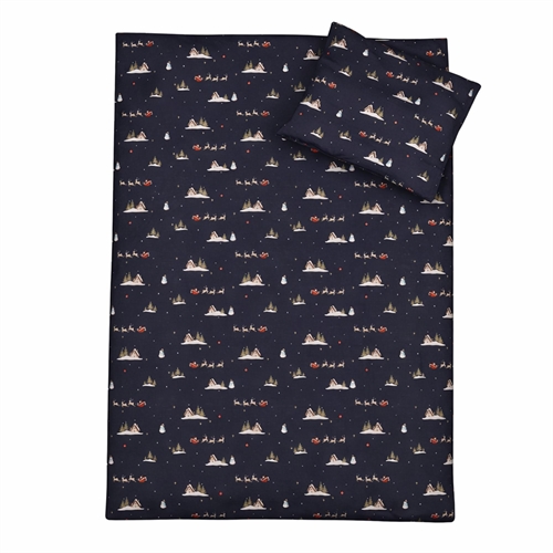 Julesengetøy - 100% bomull - Babysengetøy 70x100 cm - Mørkeblå med julenisse og reinsdyr