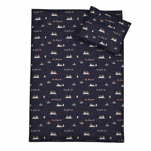 Julesengetøy - 100% bomull - Junior sengetøy 100x140 cm - Mørkeblå med julenisse og reinsdyr